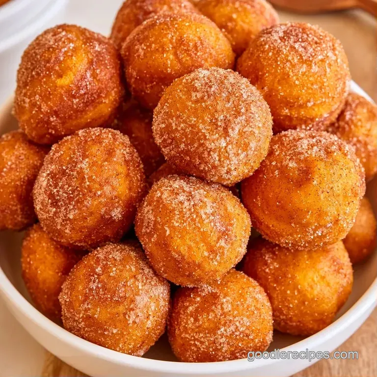 A heap of small, orange-hued pastry spheres dusted with sugar and served with a small bowl of creamy dip.