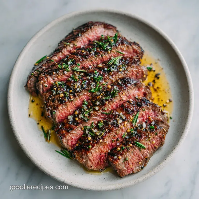 Sliced beef rests on a white plate with a dollop of melting garlic butter and a sprig of fresh green rosemary.