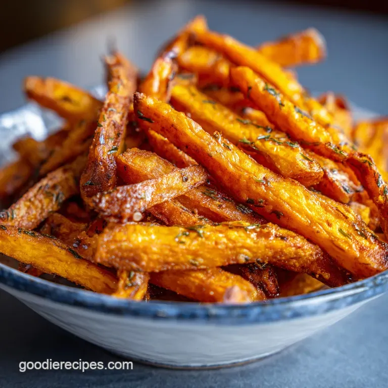 Crisp sweet potato fries artfully arranged on a white plate. A creamy dipping sauce adds a cool, contrasting element.