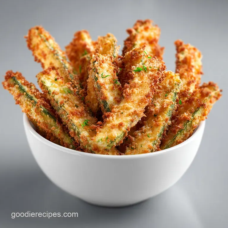 Golden-brown breaded veggie strips piled high in a rustic bowl with a dip of creamy white sauce and fresh parsley.