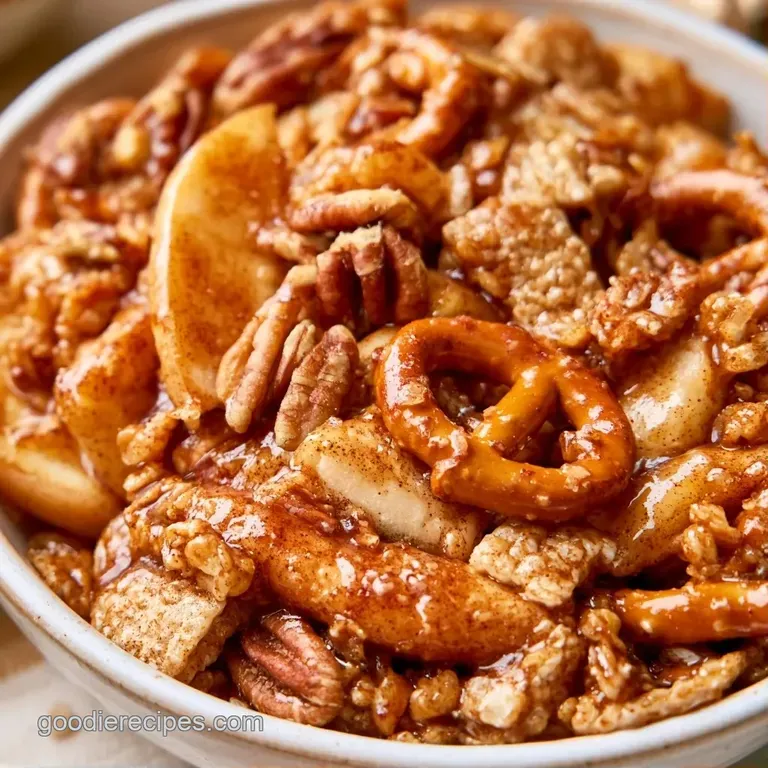 A heap of golden-brown spiced cereal and dehydrated apple chips served in a clean, modern white porcelain bowl.