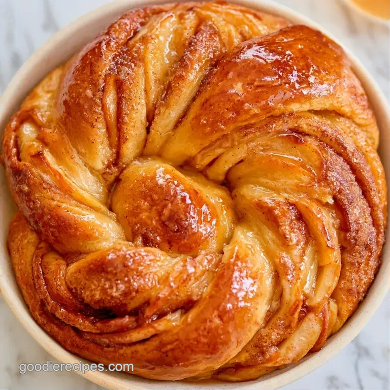 A slice of golden braided pastry with cinnamon swirls on a white ceramic plate, dusted with fine powdered sugar.