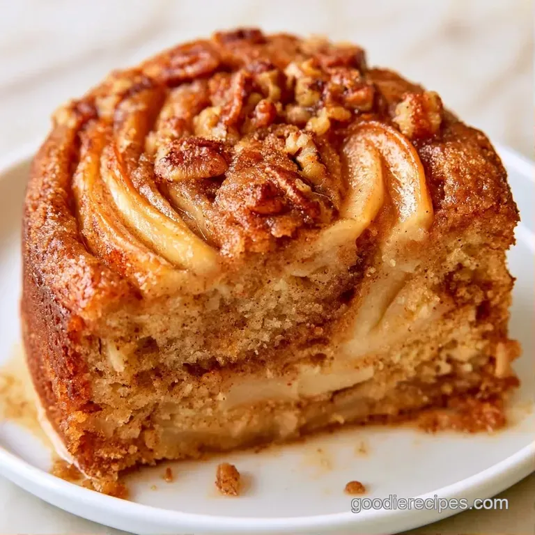 A neat slice of spiced cake topped with a swirl of whipped cream and a cinnamon stick on a white porcelain plate.
