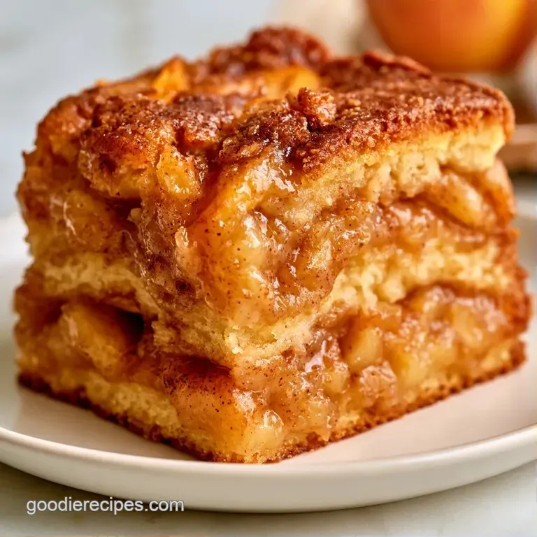 A slice of layered apple cake on a white ceramic plate with a drizzle of caramel and a sprig of fresh mint.