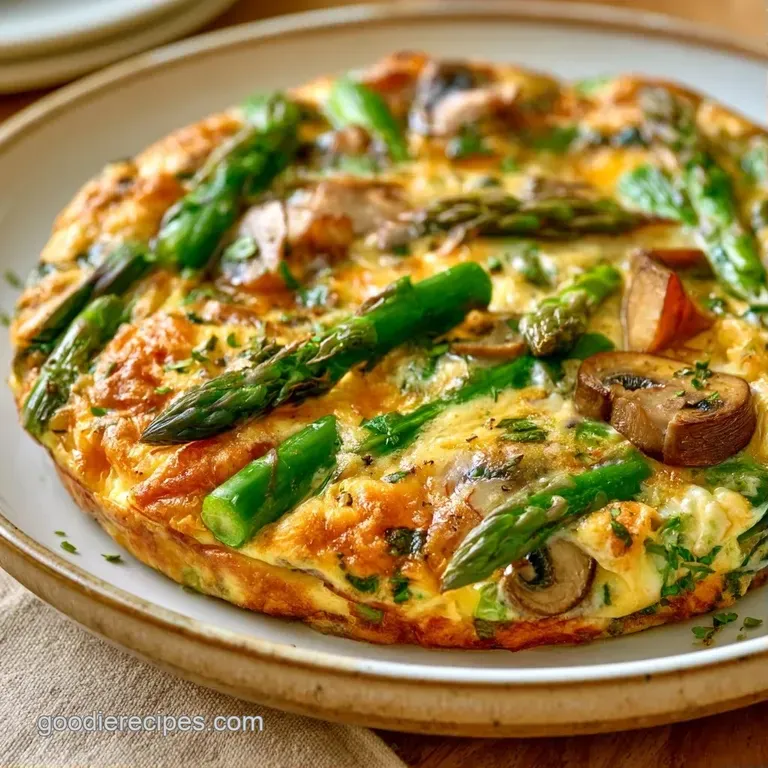 Sliced golden frittata showing layers of tender green asparagus and brown mushrooms on a minimalist white platter.