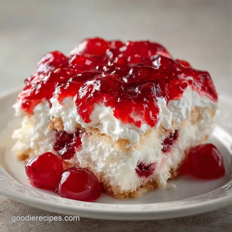 A neat square slice of moist white cake with glistening red gelatin centers and a swirl of fluffy whipped cream.