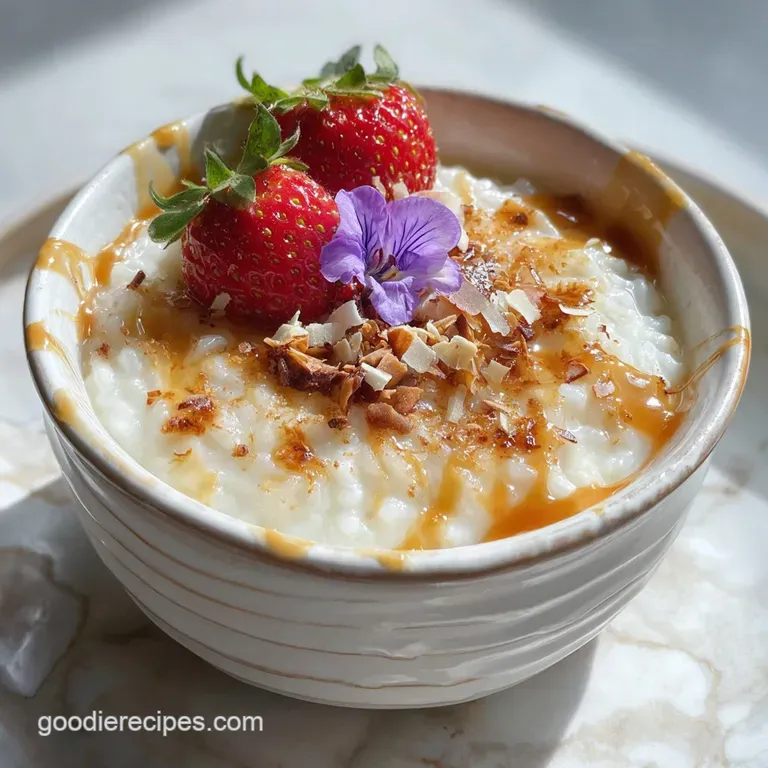Elegant dessert of silken rice pudding, sprinkled with spice and garnished with a cinnamon stick on a vintage dessert plate.
