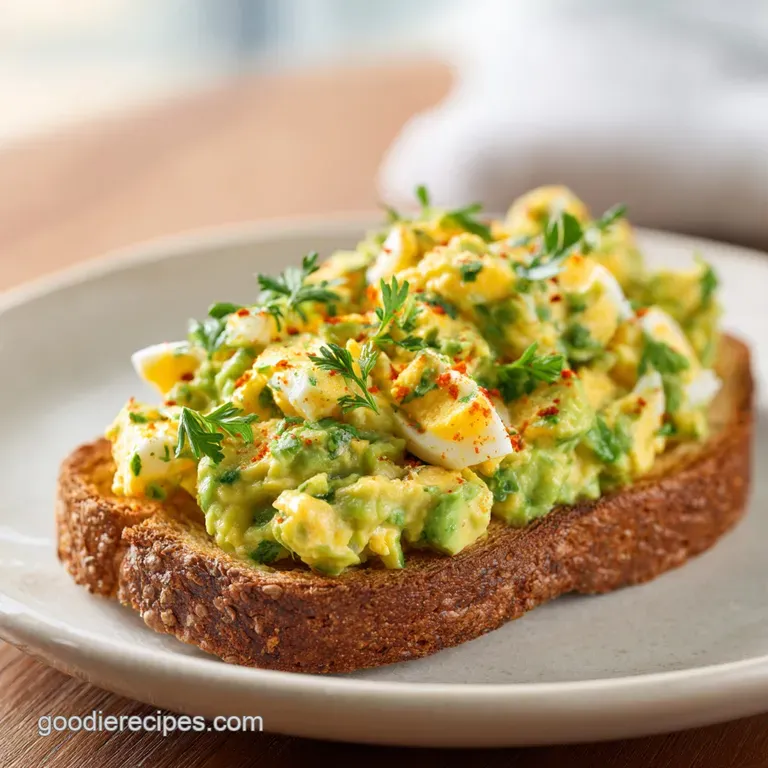 A delicate spoonful of avocado egg salad, glistening slightly, perched atop a toasted brioche toast.