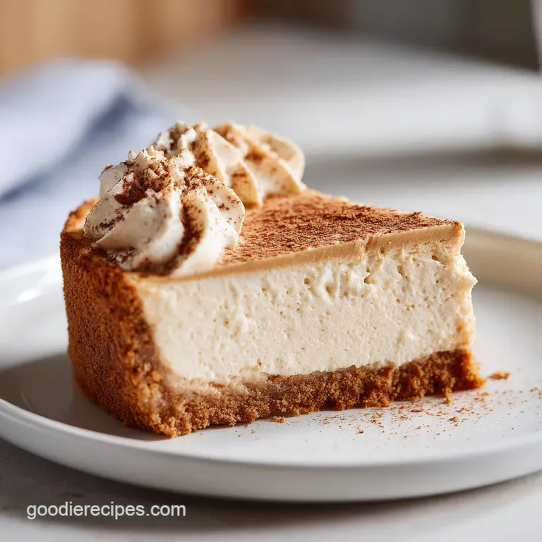 A slice of velvety cheesecake with a golden biscoff crust, elegantly presented on a white plate.