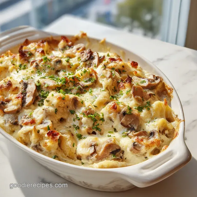 A spoonful of creamy mushroom casserole with a melted, slightly browned cheese crust, served elegantly.