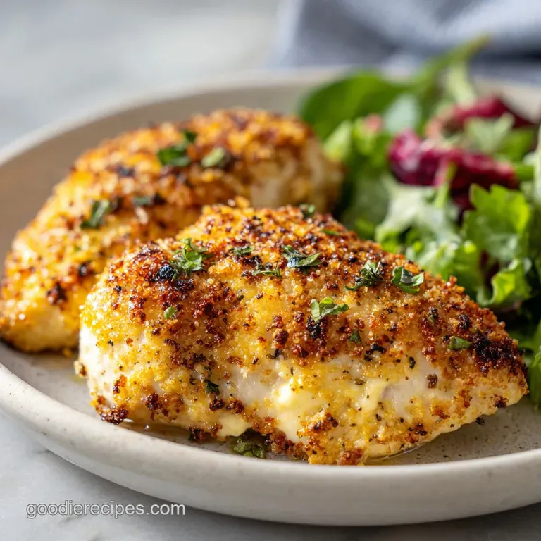 A slice of creamy baked chicken served atop fluffy mashed potatoes, garnished with fresh herbs.