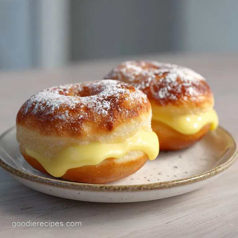 Three golden donuts on a white ceramic plate, topped with a brittle amber sugar layer and a hint of powdered sugar.