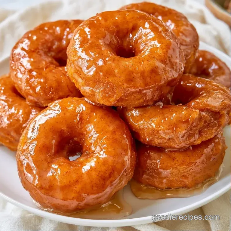 A stack of spiced orange cake rings on a white ceramic plate, accented by a drizzle of maple syrup and autumn leaves.