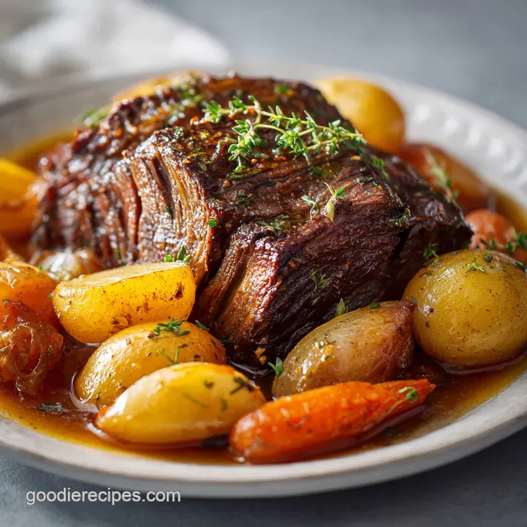 Fork tender pot roast plated with glazed carrots and creamy potatoes, glistening with savory gravy and fresh herbs.