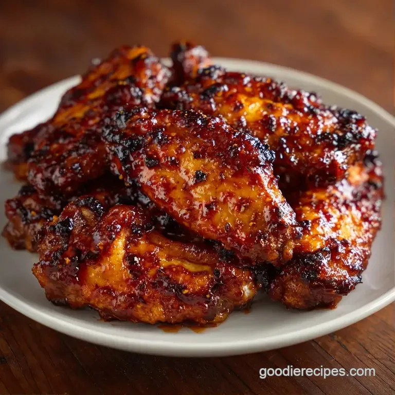 Sticky mahogany-colored wings stacked neatly on a white ceramic plate with a side of crisp celery sticks.