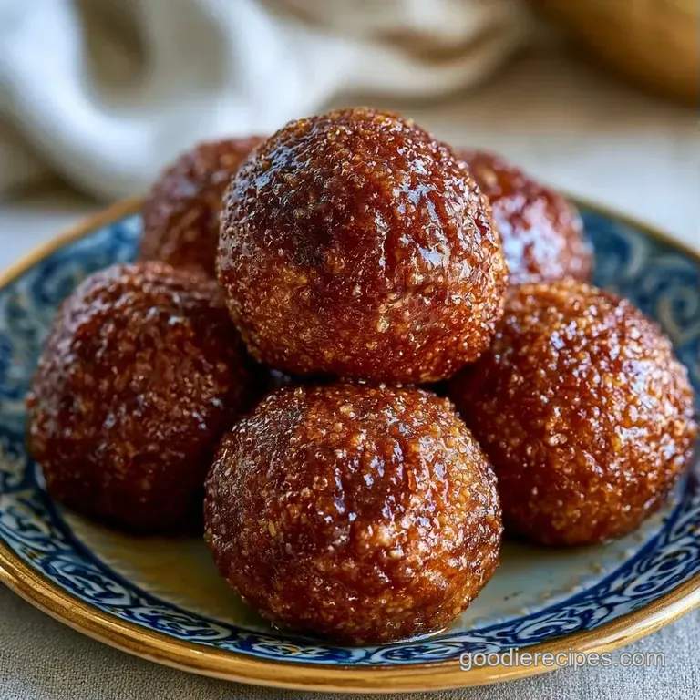 Sticky brown glaze-coated spheres on wooden picks, garnished with bright green scallions on a slate platter.