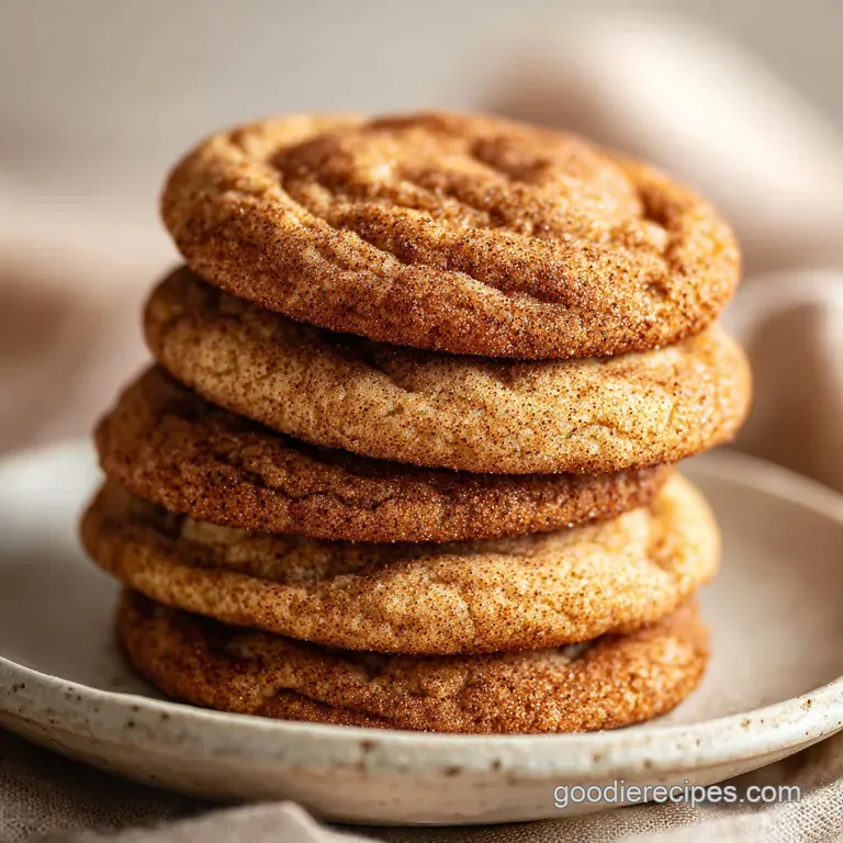 Stacked snickerdoodles dusted with cinnamon sugar, arranged on a white plate, showcasing the soft, chewy texture and rusti...