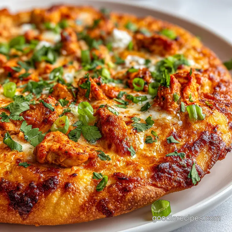 Slice of buffalo chicken pizza with gooey cheese pull; steam rises from the vibrant red sauce and crispy chicken atop a go...