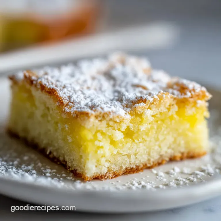 Close up of glistening lemon bar, cut in half, showing the bright yellow filling and a flaky edge of crust. Powdered sugar...