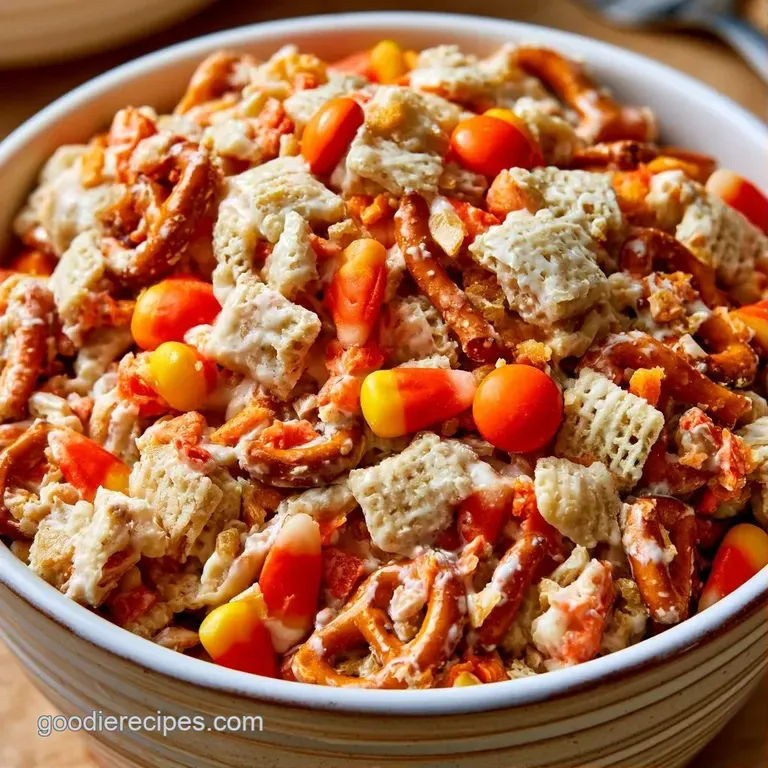 Colorful autumn snack mix piled high in a white ceramic bowl with scattered candy corn on a rustic wooden table.