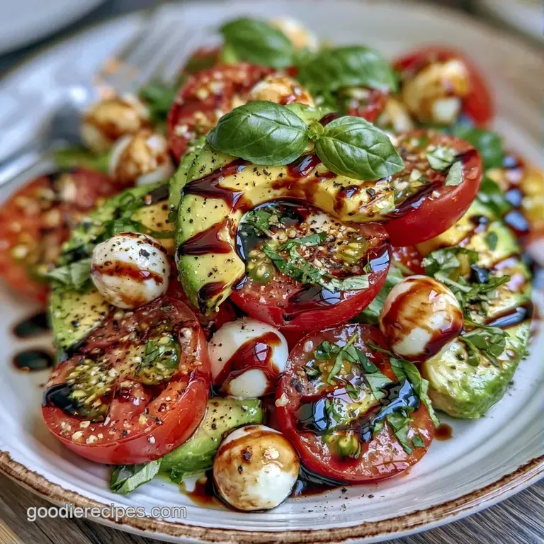 Slices of red tomato, white mozzarella, and green avocado arranged in a circle with a glossy dark balsamic drizzle.