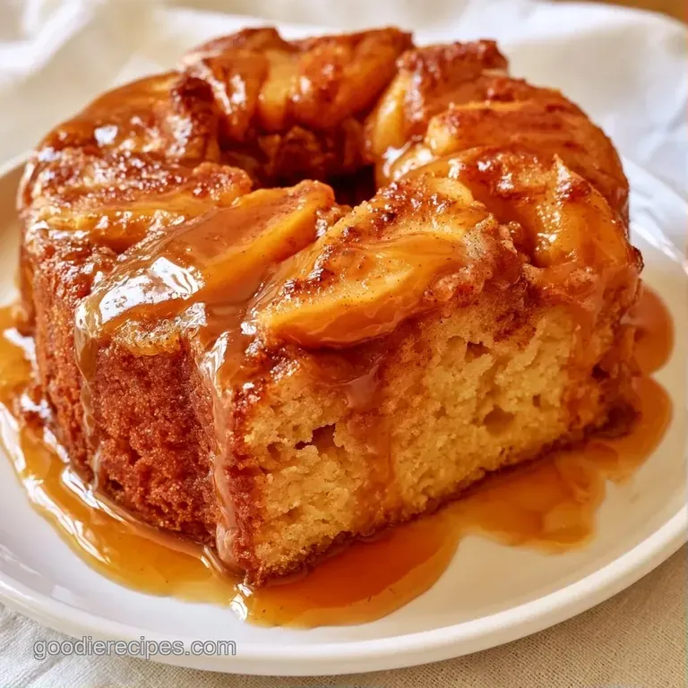 A slice of warm sponge cake drizzled with rich caramel, served on a white plate with a sprig of fresh mint.