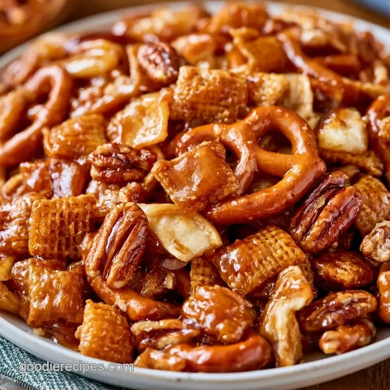 Glossy amber-coated cereal and dried apple pieces arranged on a rustic wooden platter with a linen napkin.