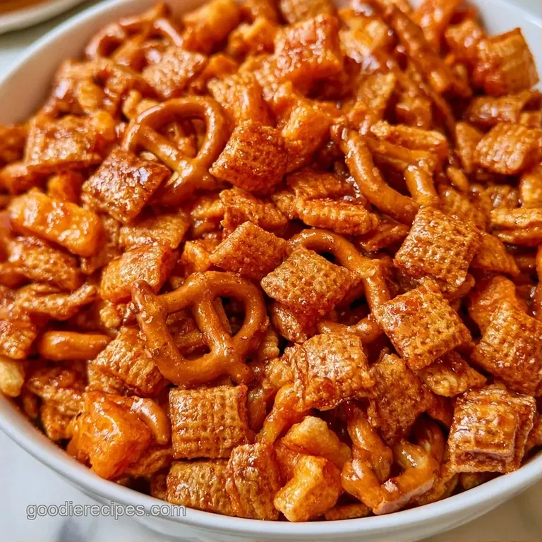 A white porcelain bowl filled with cheesy golden snack mix, paired with a linen napkin and a small wooden spoon.