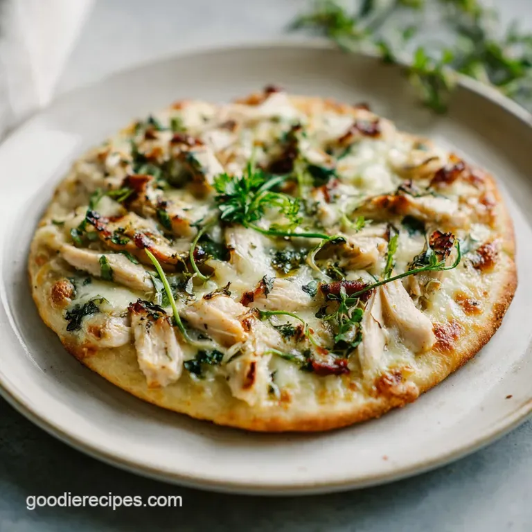 A slice of chicken Alfredo pizza artfully plated; the creamy sauce glistening against the crisp, golden crust with flecks ...
