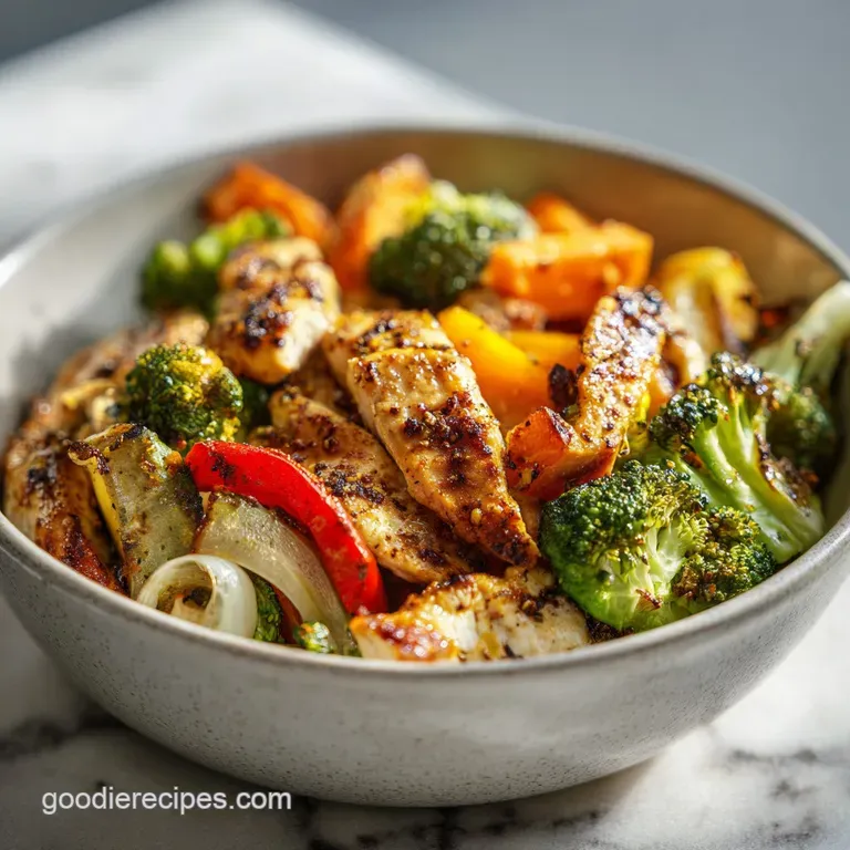 Perfectly plated chicken and veggie bowl, showcasing tender chicken nestled among vibrant, caramelized roasted vegetables ...
