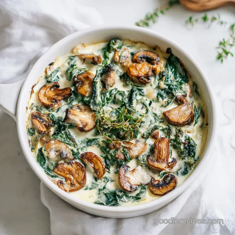 A steaming mound of tender chicken, spinach, and mushrooms artfully arranged in a rustic casserole dish.