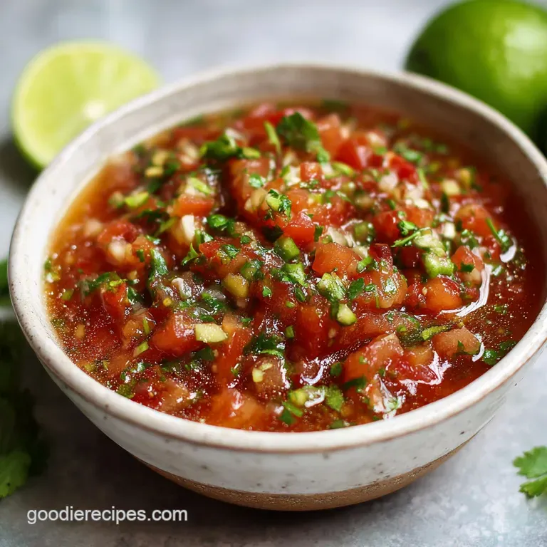 Fresh chili salsa in a glass bowl, vibrant reds and greens, elegantly presented with a scattering of cilantro on top with ...