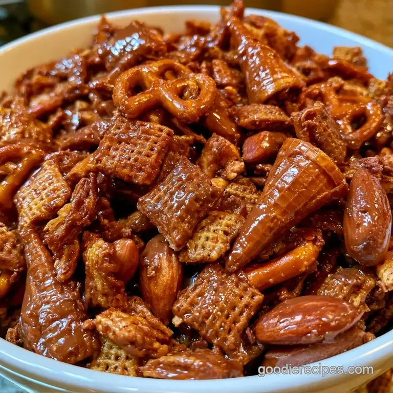 Crunchy cereal squares coated in rich chocolate, piled on a rustic wooden board with scattered cinnamon sticks.