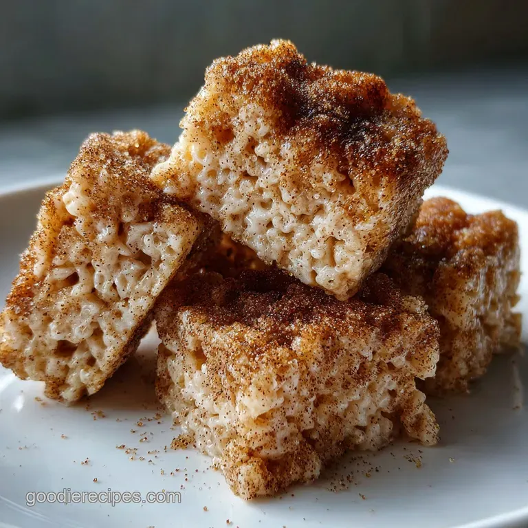 Stacked churro Rice Krispie treats drizzled with caramel, sprinkled with cinnamon; inviting no-bake dessert on a plate.