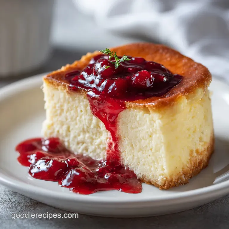 A pristine slice of baked cheesecake sits on a white plate, its dense, creamy interior visible.