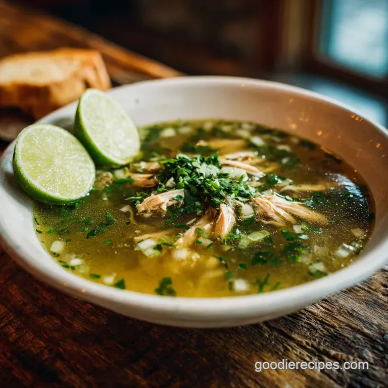 Warm bowl of chicken soup, steam rising. Garnished with lime wedge, avocado, and cilantro, showcasing hearty chunks of chi...