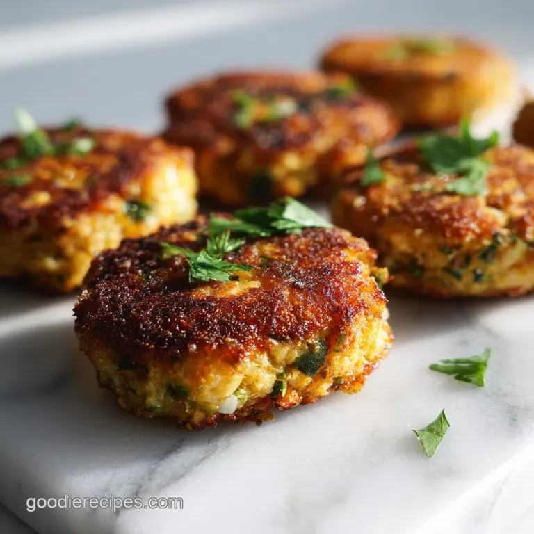 Two delicate salmon patties artfully arranged on a rustic wooden board, garnished with fresh parsley.