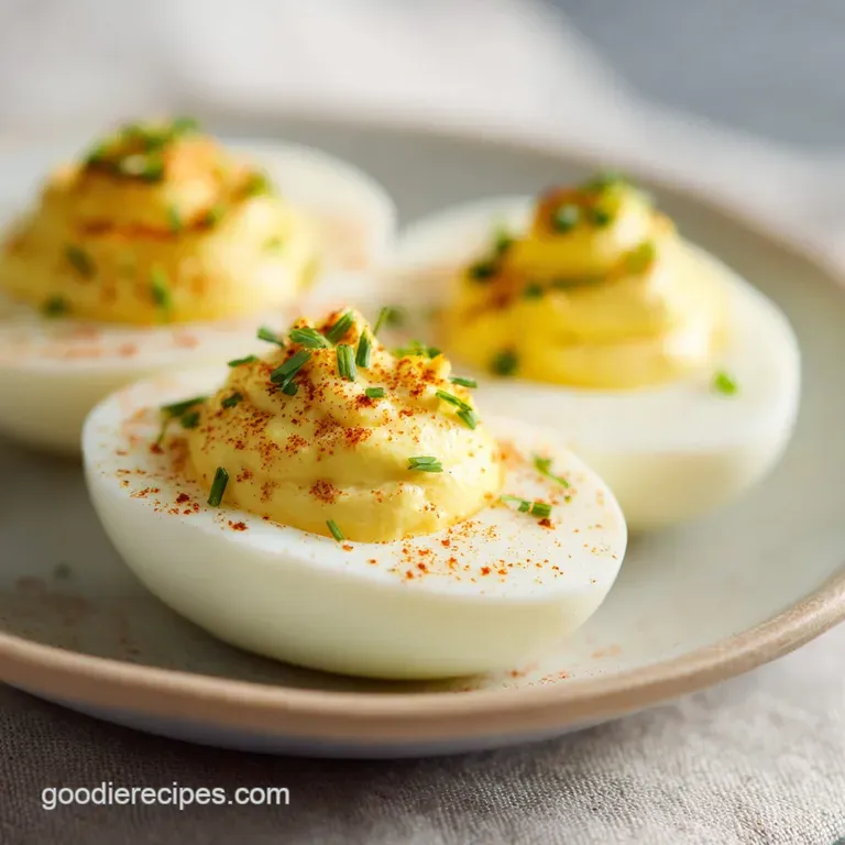 Elegant deviled egg halves on a plate. Garnished with microgreens and a sprinkle of pepper, their filling smooth and tempt...