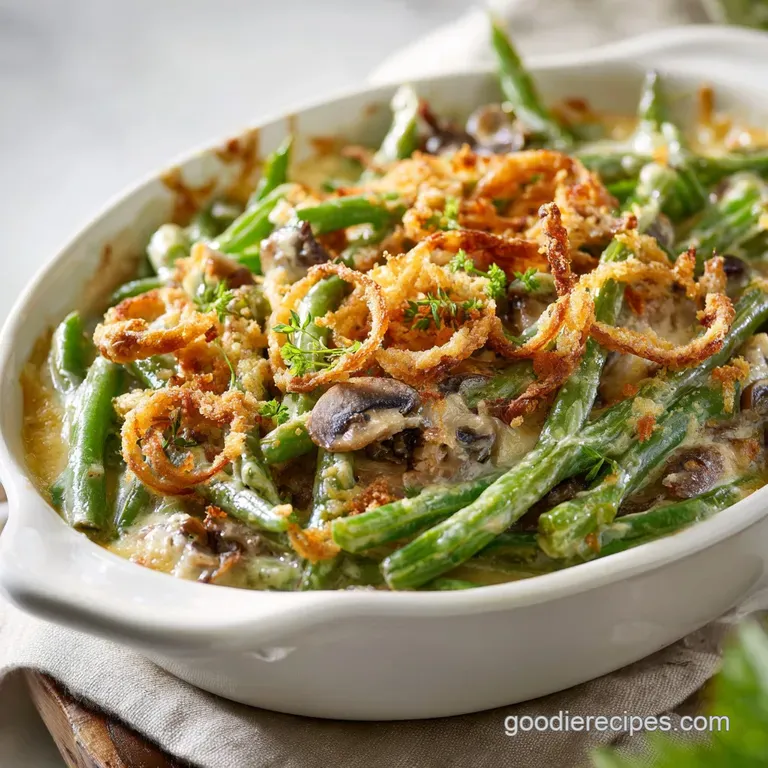 A serving of creamy green bean casserole, topped with crunchy fried onions, on a white plate.