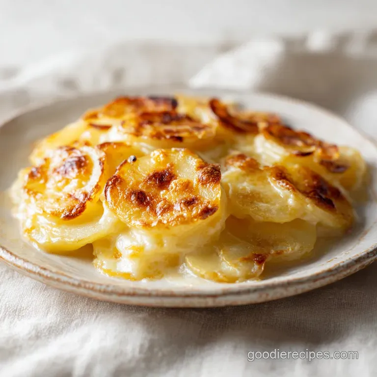 Elegant side of scalloped potatoes in a ceramic dish. Creamy white sauce peeks through browned, slightly crispy potato edges.
