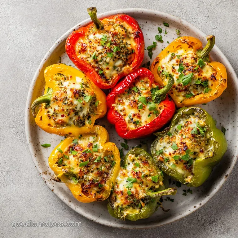 A single stuffed bell pepper, cut open to reveal a fluffy rice filling. Hints of browning show tender spots, with herbs sp...