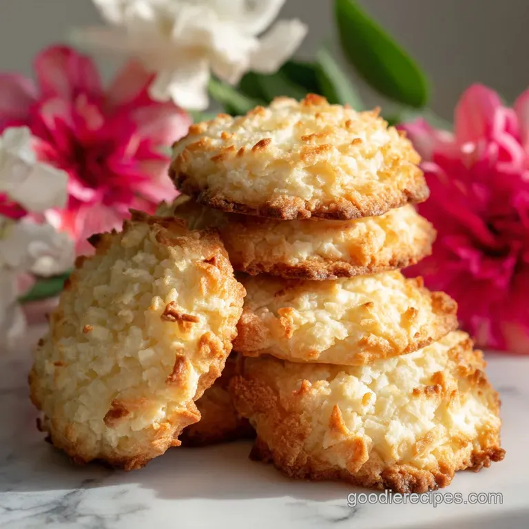 Stack of three coconut cookies on a pale plate. Delicate cracks hint at crispness, inviting soft, chewy middles, coconut f...