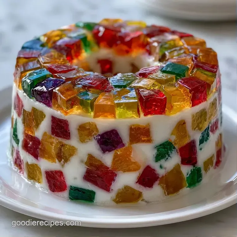A precise slice of cream and crimson jelly cake on a white porcelain plate, garnished with a sprig of fresh mint.