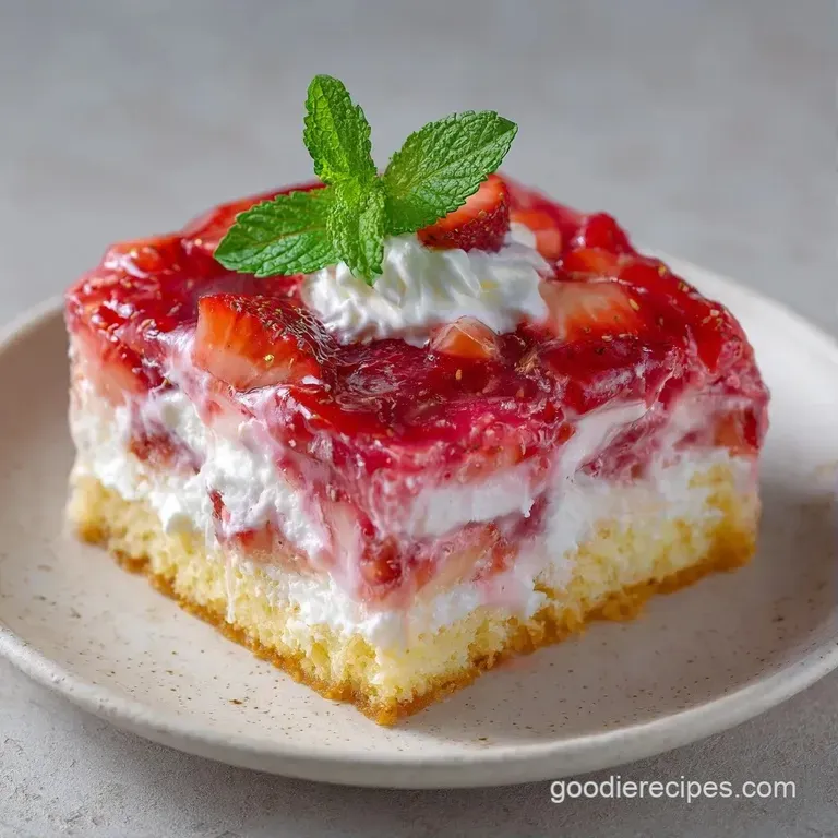 A precise slice of bright red gelatin and fluffy white cream on a ceramic plate with a drizzle of berry syrup.