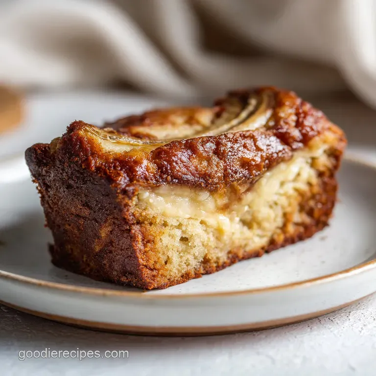 Thick slice of banana bread reveals creamy center. Dusting of flour and sliced banana garnish a rustic wooden plate.