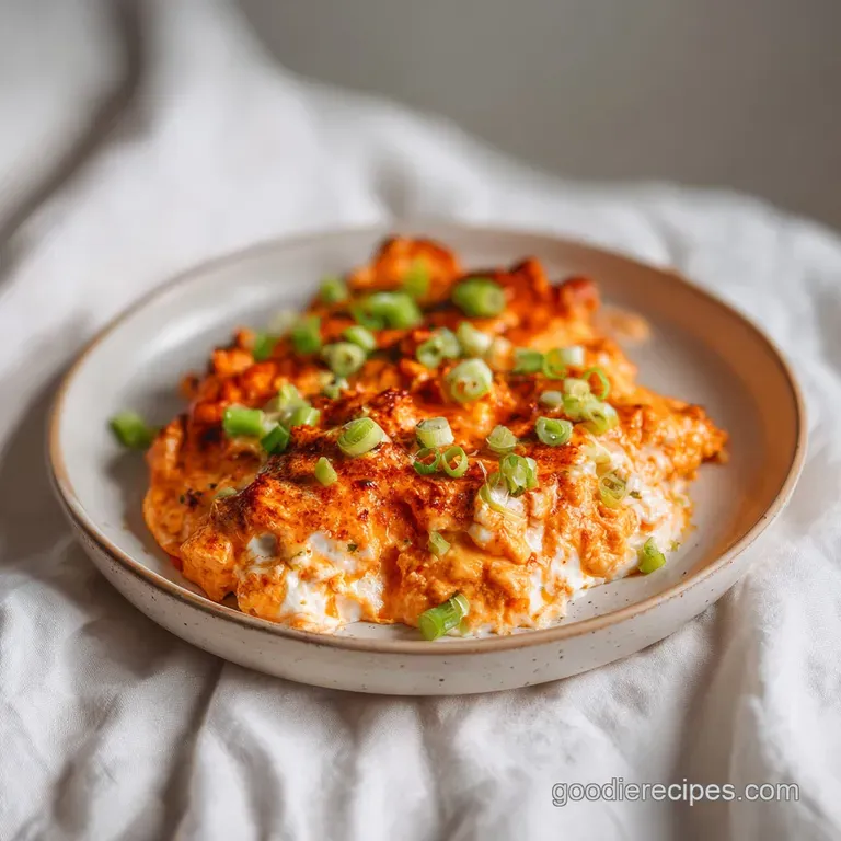 Scoops of creamy buffalo chicken dip presented in small ramekins, topped with fresh green onion and a dollop of sour cream.