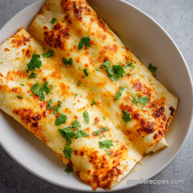 Two rolled tortillas drizzled with creamy white sauce and paired with sliced avocado on a clean ceramic plate.