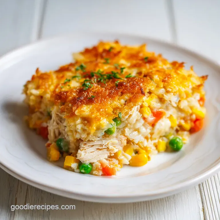 A comforting scoop of creamy chicken and rice casserole, garnished with fresh parsley, on a white plate.