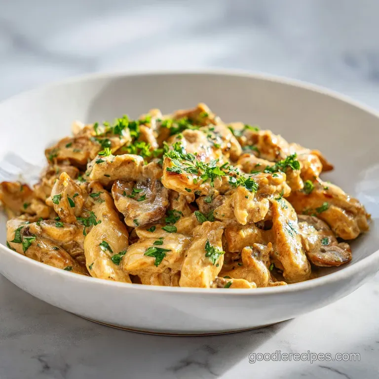 Elegant plate of chicken stroganoff: tender chicken and mushrooms in a luscious, ivory sauce, garnished with fresh parsley.