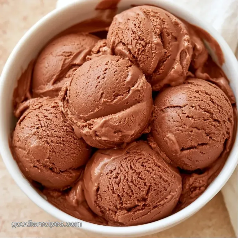 Velvety dark brown scoops topped with cocoa powder and a mint leaf, served in a white ceramic dish with a spoon.